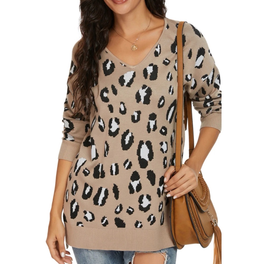 Grecerelle Tan Leopard Print V-Neck Side Split Casual Knit Pullover Sweater M